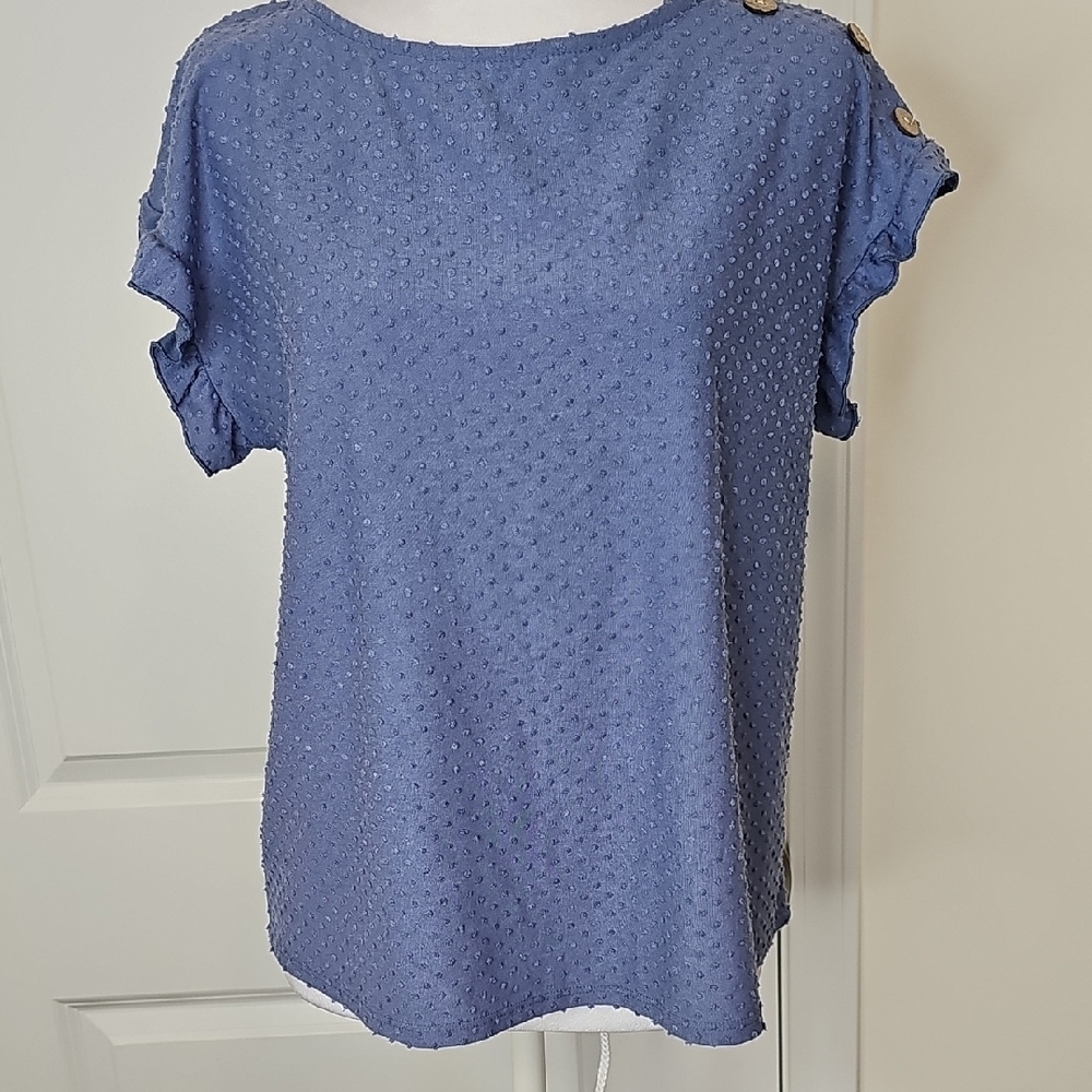 W5 Blue Textured Blouse with‎ Button Accents